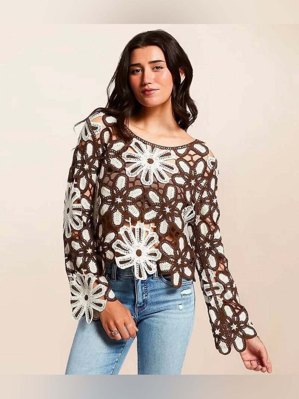 REBELLION - FLORAL Crochet open knit sweater in Brown and Ivory. Small